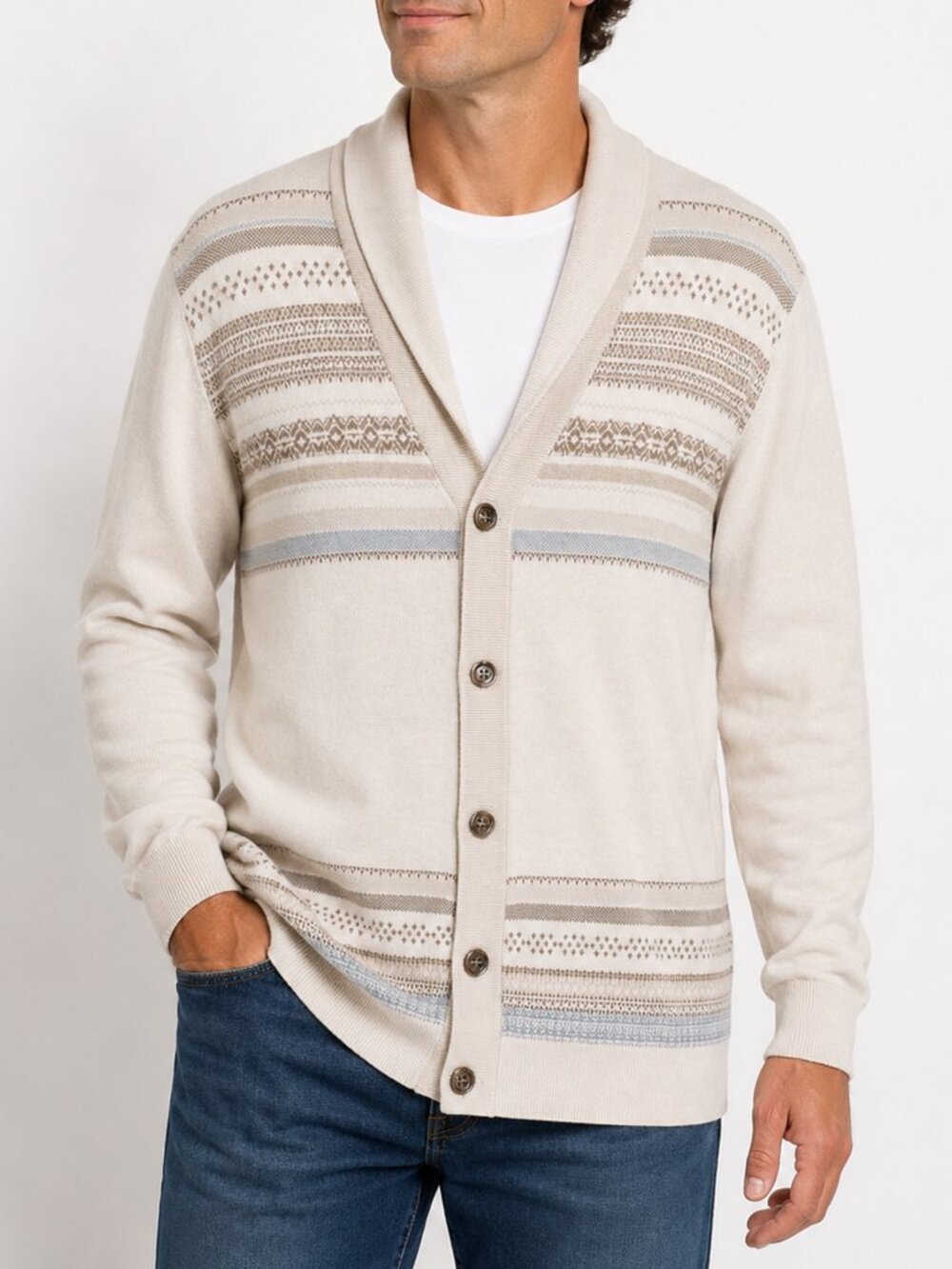Tasso Elba Mens XL Cardigan Silk Cashmere Cotton Shawl Collar Fair Isle Cream